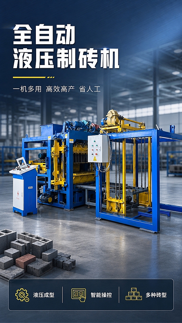 [商品] 使用【图1】全自动免烧砖机（液压水泥制砖机）；保留设备整体蓝黄配色、左侧独立控制柜、中部液压成型主体、右侧出砖输送架、顶部电机组、控制面板按钮布局、金属框架结构，不改变设备比例、结构和颜色；轻微提升金属框架质感和漆面光泽，去除背景杂色。
[画面] 目标：专业头图，突出设备全貌与工业实力。构图：左文右图，设备位于画面右侧占65%，呈45°侧视全貌；左侧上方留白放标题区；背景为现代化建材工厂车间场景（虚化处理），地面为水泥地坪，有柔和工业顶光；前景有少量成品水泥砖点缀，体现产出物。阅读动线：左上标题→右侧设备主体→底部辅助卖点条。
[视觉] 套系策略：风格=工业科技风商业摄影；标题字=粗黑无衬线工业字体；正文字=简洁无衬线体；主色=工业深蓝+明黄（取自设备本体配色）；背景延展=基于深蓝做深浅渐变+金属拉丝纹理+工厂场景虚化；强调色=明黄色，仅用于图标、引线、重点数字、标签；标题色=白色/明黄；正文色=浅灰/白色；组件=深色半透明信息卡、黄色细线引线、工业风图标；光影=左前侧高位工业硬光，设备金属面有清晰高光反射，底部有接触阴影。
[文字] 左上主标题"全自动液压制砖机"（7字），副标题"一机多用 高效高产 省人工"（11字）；底部横排3个短卖点标签："液压成型""智能操控""多种砖型"；文字区不遮挡设备核心结构和控制柜。
[规格] 图片比例9:16竖版，4K分辨率，负向提示：避免变形、缺件、颜色偏差、文字过小、模糊、极限词、平台Logo水印。
