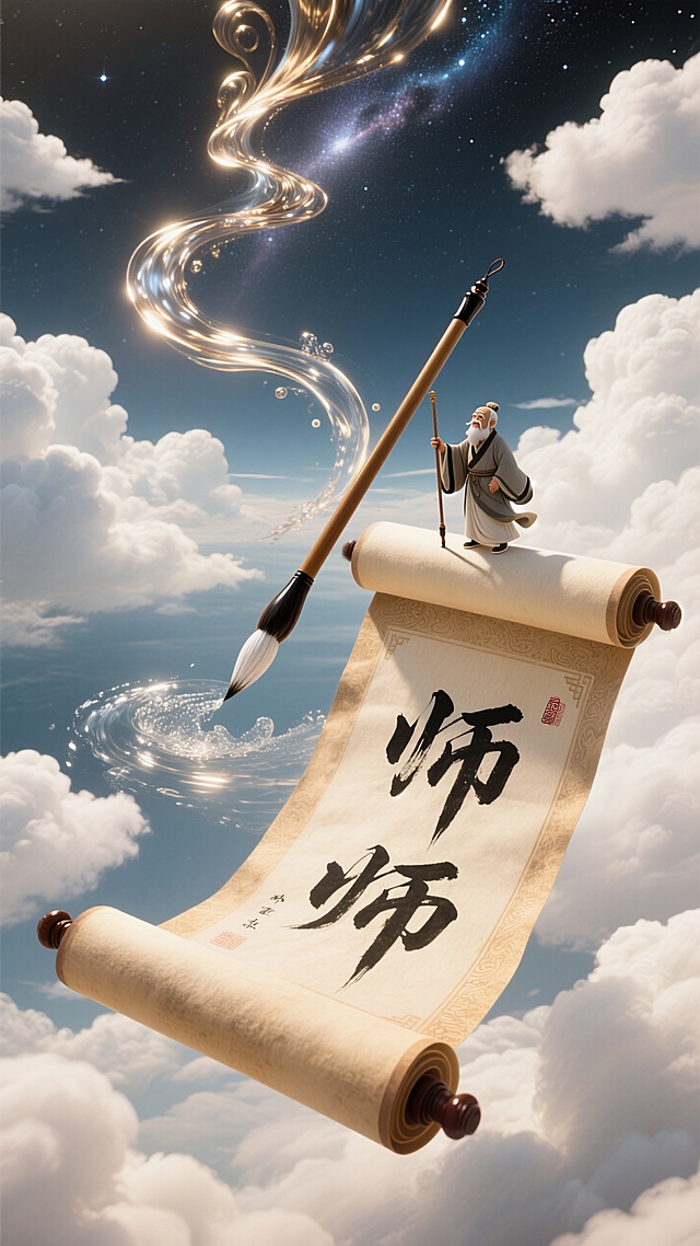 气势恢宏的白云间：一个以动态感强的巨型且精致的卷轴展开漂浮在空中，一个微缩老夫子（站在卷轴上）拿着巨型毛笔写“师”，动态的流光线条延伸至空中；金属质感的银河水流经云朵。整体暖白色调、明亮氛围。