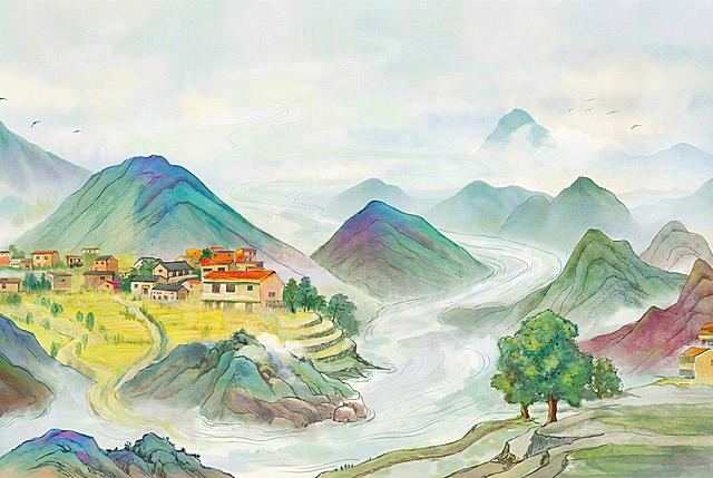 提取画面中的山水乡村背景，去除所有人物和文字