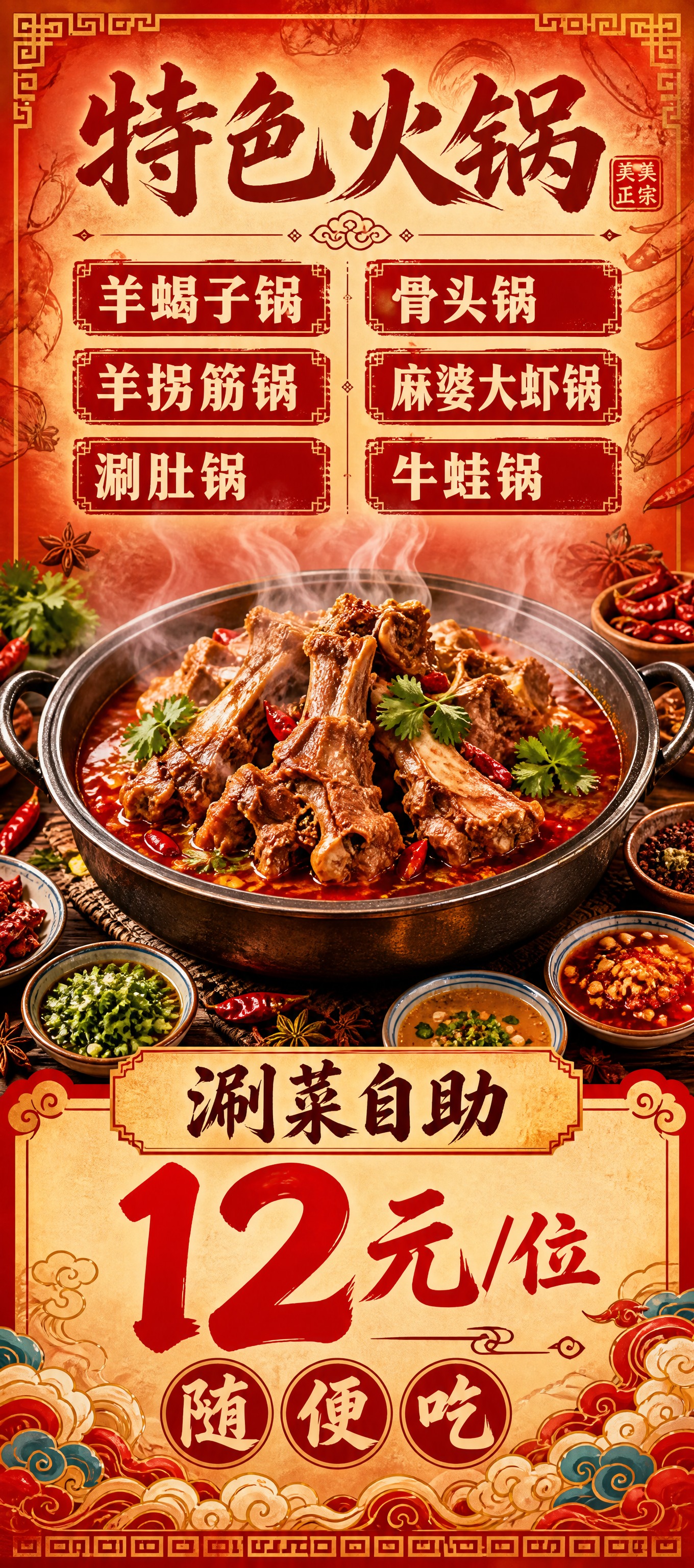 一张竖版火锅特色锅品价目表海报，国潮暖调食欲风，红金暖橙配色，… - 图片创意预览