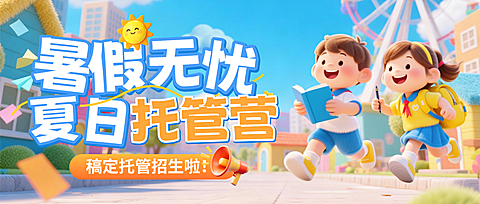 3D卡通趣味感K12教育机构夏日暑假托管班招生公众号首图