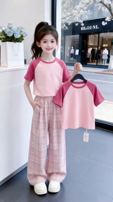 用图1短袖和裤子替换掉图2的模特身上穿的衣服裤子和模特手里衣架上挂着的衣服，保留原场景光影，保持图2的人物的五官和发饰不变，姿势不变，拍摄角度不变，模特的朝向不变，背景不变，图片宽高尺寸不变，保持图1预览效果