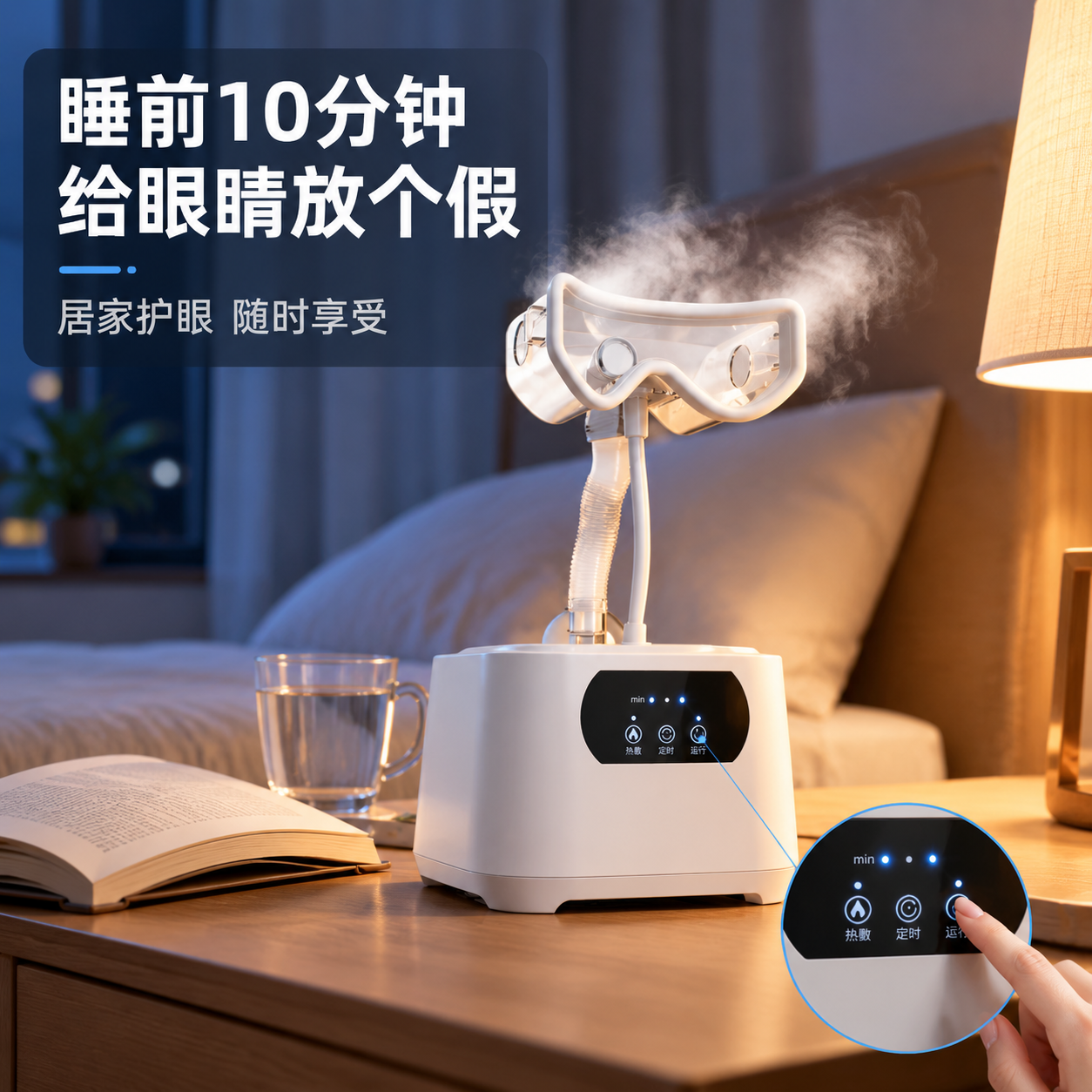 [主图-3] 真实居家使用场景图，展示眼部雾化仪在卧室床头柜上… - 图片创意预览