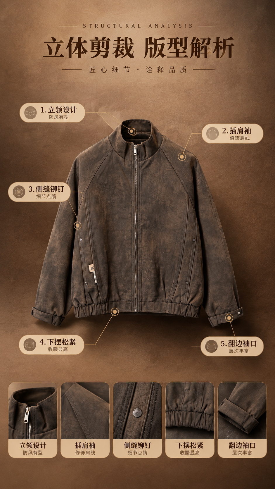 [商品] 使用【图1】深棕色复古做旧立领短款夹克；商品处理：保… - 图片创意预览