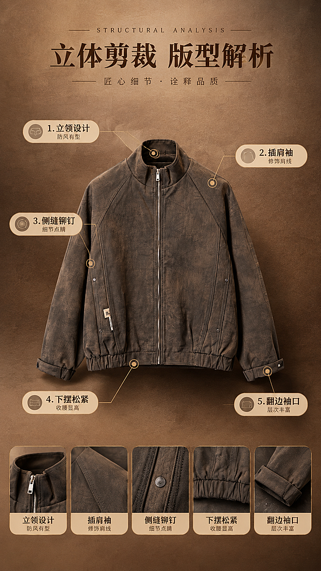 [商品] 使用【图1】深棕色复古做旧立领短款夹克；商品处理：保留立领、金属拉链、插肩袖、侧缝铆钉、下摆松紧收腰、袖口翻边、左侧小布标、做旧肌理面料和深棕颜色；自然去除衣身杂乱褶皱，理顺垂坠，增强面料纹理、缝线、拉链五金和铆钉质感，不改变版型、结构和颜色。
[画面] 目标：版型解析页，用引线标注展示核心结构卖点。构图：居中竖版，夹克正面全貌占画面约65%，位于画面中央；从立领、插肩袖缝线、侧缝铆钉、下摆松紧、袖口翻边5处关键结构引出细金线标签，分布在左右两侧空白区域。前中后景：前景浅棕渐变，中景夹克主体，后景暖棕色肌理背景+柔和投影。阅读动线：从顶部标题到中央夹克，再到四周标注。
[视觉] 套系策略：风格=美拉德复古高级商业摄影杂志风；标题字=现代衬线粗体带复古气质；正文字=简洁无衬线体；主色=深棕焦糖色；背景延展=基于深棕焦糖色做深浅层级、同色渐变和细腻皮革/纸张肌理质感；强调色=暖金古铜色，仅用于小面积图标、引线、标签和装饰线；标题色=深焦糖棕；正文色=暖棕灰；组件=圆角浅棕信息卡、细金线引线、复古标签；光影=左前侧暖柔光，右侧柔和轮廓光。
[文字] 顶部居中主标题「立体剪裁 版型解析」（8字），5处引线标注文案：1.立领设计 防风有型、2.插肩袖 修饰肩线、3.侧缝铆钉 细节点睛、4.下摆松紧 收腰显高、5.翻边袖口 层次丰富；文字全部横向排版，标签为浅棕底深棕字，不遮挡夹克主要结构。
[规格] 图片比例9:16竖版，4K分辨率，medium质量，避免变形、错字、文字过小、冷蓝/蓝灰背景、衣服颜色改变、版型失真、白底、平台Logo水印。