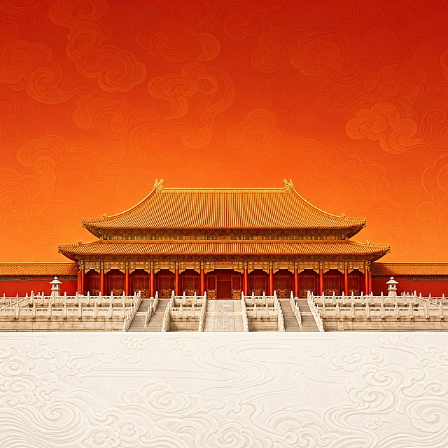 参考这张图片的背景构图，生成一张橙红配色的纯背景图，不要任何文字。画面主体为中国古典宫殿建筑，重檐歇山顶，金色琉璃瓦，红墙金柱，汉白玉台阶与栏杆。上半部分背景为橙红色渐变底色，带有暗纹祥云纹理，下半部分为浅白色祥云浮雕纹理。整体橙红暖色调，庄严大气，中国风建筑背景，无任何文字、logo或数字，正方形构图。