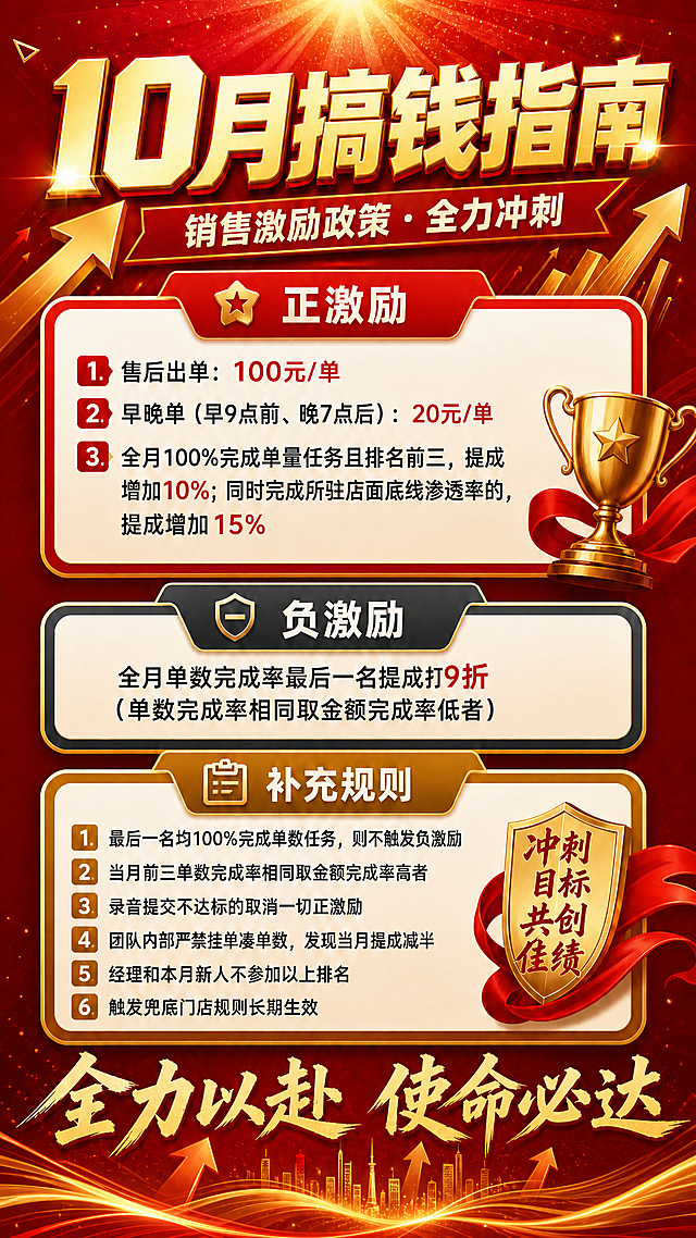 删除右下角的二维码占位方块，将底部"全力以赴 使命必达"文字扩展居中铺满整个底部宽度，保持原海报红金风格和其他所有内容不变
