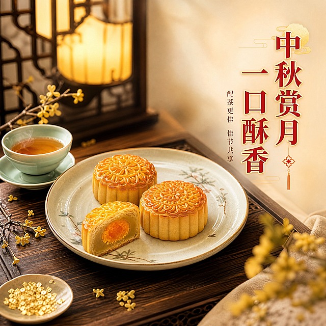 [主图-4] 场景与体验代入感，中秋佳节中式茶桌场景品尝月饼的生活方式画面。
[统一基调] 中式国风暖调高级感，背景主色为米白浅金渐变，标题字色为朱红+烫金描边，辅助字色为深棕，强调色为金色；字体为厚重粗宋衬线体，辅助文案为细宋体；卡片与图标采用金边圆角中式纹样，整体精致典雅有节庆感。
[画面] 俯视45度角视角，中式实木茶桌上摆放着一套精致的中秋茶点组合：中央是一个古瓷盘，盘中放着两块完整的琼式酥皮月饼和一块被切了一角的月饼，切面展示蛋黄莲蓉内馅；旁边配一只青瓷茶杯，杯中盛着琥珀色的茶水，杯口有微微热气；茶盘边散落几朵干桂花、一小碟金箔装饰、几枝桂花枝；背景是虚化的中式窗格和暖黄色灯笼光影，营造温馨的中秋夜晚氛围；画面右上角留出负空间放文案。
[光影质感] 暖黄色灯笼光从侧上方照下，在桌面形成柔和光影，月饼表面有自然光泽，茶杯有通透反光，整体温暖治愈有节日氛围。
[配色] 深木色桌面 + 米白瓷盘 + 金黄月饼 + 青瓷茶具 + 暖黄灯光 + 朱红标题，中式配色和谐雅致。
[文字版式] 画面右上角竖排主标题"中秋赏月 一口酥香"，朱红粗宋大字带烫金描边；下方竖排细宋体小字"配茶更佳 佳节共享"；文字排版有中式竖排韵味，不遮挡主体食物。
[输出要求] 1:1正方形，2048x2048，2K高清，场景自然真实，月饼融入场景不悬浮，整体氛围温馨有节日感；负向：变形、错字、模糊、杂乱、水印、平台Logo、月饼边缘硬切、穿模、比例失调。