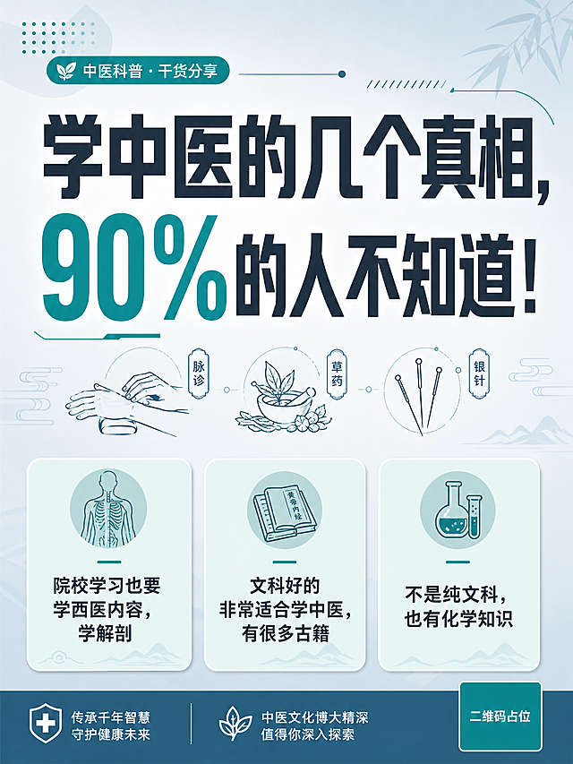 现代商务专业风格的中医科普内容种草海报，竖版3:4比例。整体配色采用深蓝灰与青绿色的专业医疗色系，干净简洁有格调。画面上半部分（占版面70%以上）为超大号主标题区，标题字体粗壮有力，占据版面一大半以上，极具视觉冲击力和吸睛效果。主标题文字为"学中医的几个真相，90%的人不知道！"，其中"90%"用青绿色高亮突出，其余文字为深灰色，分两行排版，第一行"学中医的几个真相，"，第二行"90%的人不知道！"，字号巨大。标题周围点缀简约的几何线条装饰和细线条中医元素小图标（如脉诊、草药、银针的极简线条图标），作为装饰小点缀，提升专业感。画面下半部分（约占30%）排列三个圆角矩形信息卡片，横向等距分布，每个卡片顶部有简约线性图标，下方配说明文字。三张卡片内容分别为："院校学习也要学西医内容，学解剖"、"文科好的非常适合学中医，有很多古籍"、"不是纯文科，也有化学知识"。卡片采用浅青绿色底色配深灰文字，圆角设计，现代简约。左上角有小型标签"中医科普 · 干货分享"。整体排版精致有格调，留白舒适，专业感强，版式精美。背景为浅灰蓝色渐变，干净通透。画面中所有数字必须精确渲染，不得错位、遗漏或编造。画面中所有信息区域必须填充完整合理的内容，不得出现空白框。画面中所有二维码区域使用纯色方块占位符呈现，方块中央标注"二维码占位"文字，严禁生成任何可识别的二维码图案。