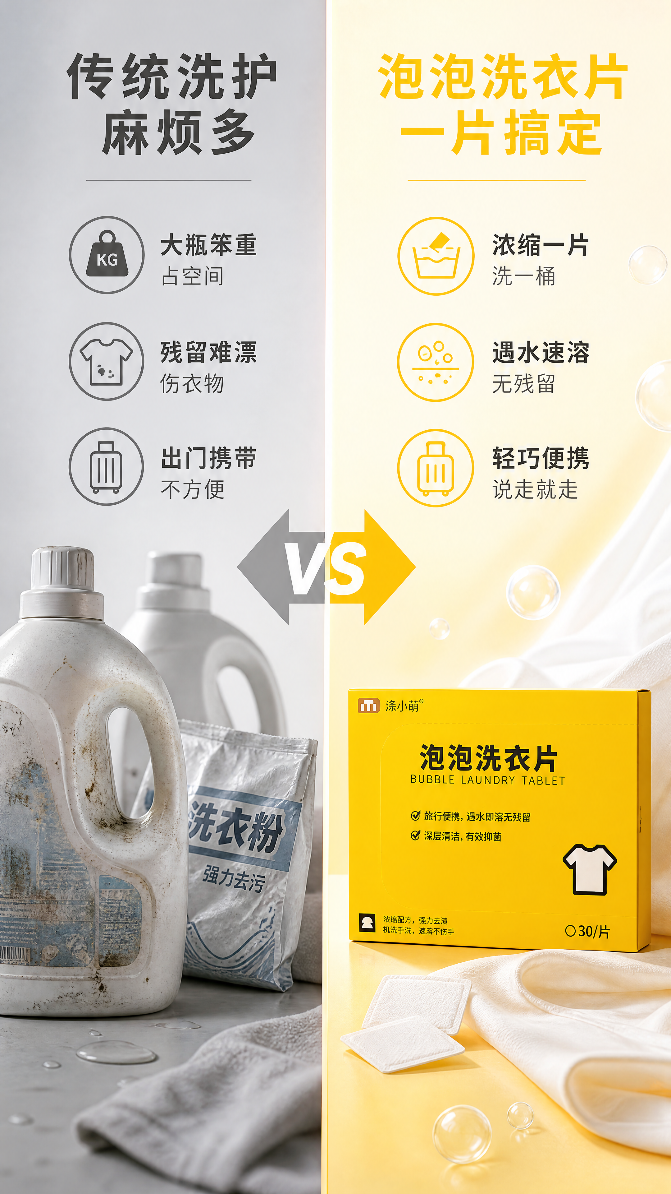 [第2张] 痛点解决页-传统洗护 vs 泡泡洗衣片对比。本张使… - 图片创意预览