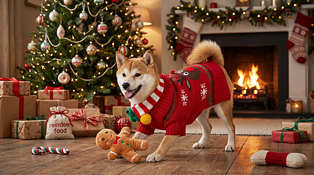 保留原图中狗狗和红色圣诞毛衣的主体特征不变，生成圣诞节场景里狗狗穿着这件圣诞毛衣开心玩耍的图片，超清，细节丰富，真实自然