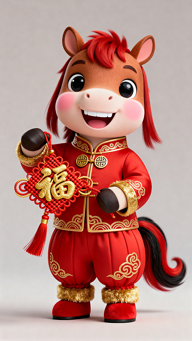 软3D风卡通小马，身着国潮红金唐装，手持“福”字中国结，毛发生长细腻，面料质感饱满，喜庆可爱，尽显春节欢愉氛围。