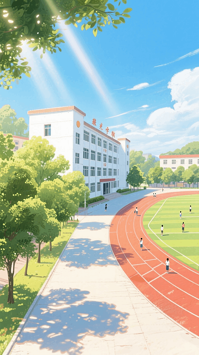 校园场景，学校教学楼，阳光洒脱在校道上，校道上种满了绿树，蓝天白云，学校塑胶跑道的操场，零星学生在运动，呈现光感氛围