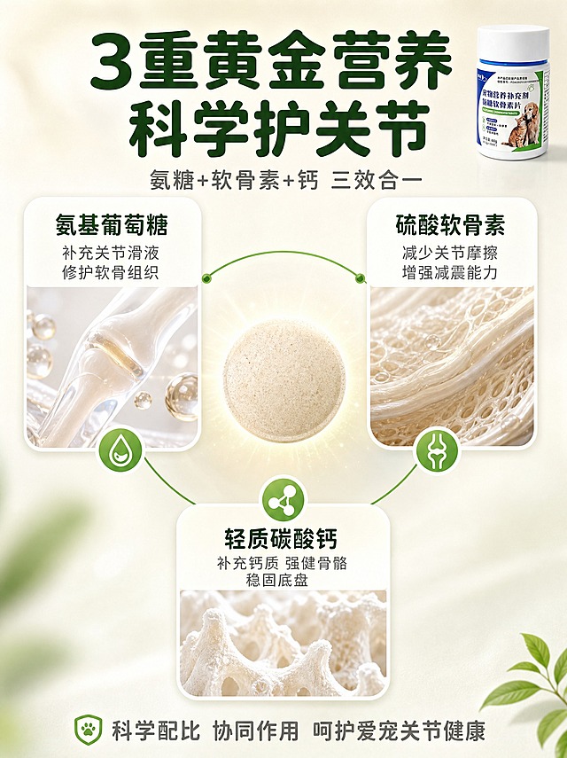 [商品] 使用【图1】产品瓶作为辅助展示；保留产品外观原貌，在本页作为右上角小窗露出，不占主视觉。
[画面] 页面目标：核心成分专页，三大黄金营养成分深度解析，原料与机理可视化。构图采用上标题+中三成分环形布局+下产品小窗的结构。上方约20%：大标题+副标题居中。中间约65%：中央是一个圆形的药片微距特写（浅米色圆形药片，表面细腻颗粒质感），药片周围有柔和发光效果；三大成分以环形围绕药片分布，每个成分对应一个白色圆角信息卡，卡片内有成分原料实拍图+文字说明，卡片通过绿色细弧线与中央药片连接，形成"三重守护"视觉。三个成分分别是：左上氨基葡萄糖（配软骨组织/关节液滴微距图）、右上硫酸软骨素（配关节软骨纹理微距图）、下方轻质碳酸钙（配钙结晶体/骨骼纹理微距图）。每个原料图占对应卡片约50%面积，整张页面原料/机理元素合计占画面55%以上。下方约15%：产品瓶缩小放在右下角，占画面15%左右，左侧有一行总结文案。
[视觉] 套系策略：风格=国内电商宠物保健品高清实拍风 温馨治愈氛围感；标题字=圆润粗黑体 饱满亲和；正文字=简洁圆体 清晰易读；主色=浅米白+淡绿色系；背景延展=基于浅米白做深浅渐变 同色系柔光光晕 细腻纸张质感；强调色=清新草绿色 仅用于图标 引线 标签 小面积光效；标题色=深墨绿色；正文色=中暖灰色；组件=白色圆角信息卡 绿色胶囊标签 细线引线 成分图标；光影=左前侧自然光柔光 柔和均匀 通透干净 原料微距有细腻质感高光。
[文字] 上方主标题："3重黄金营养 科学护关节"，圆润粗黑体，深墨绿色，字号最大。副标题："氨糖+软骨素+钙 三效合一"，字号缩小55%，中暖灰色。三个成分卡标题："氨基葡萄糖" "硫酸软骨素" "轻质碳酸钙"，深墨绿色粗体；每卡下方2行小字说明：左上"补充关节滑液 修护软骨组织"，右上"减少关节摩擦 增强减震能力"，下方"补充钙质 强健骨骼 稳固底盘"。底部总结语："科学配比 协同作用 呵护爱宠关节健康"，中暖灰色。所有文字横排。
[规格] 图片比例3:4竖版，2K，避免变形、错字、文字过小、冷蓝医疗风、产品颜色改变、绝对化用语、医疗功效承诺。