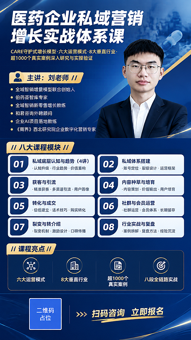 一张专业商务风格的课程招生长图海报，竖版9:16比例，深蓝主色调搭配白色和金色点缀，医药企业培训调性，高端专业大气。

画面顶部：大标题区，深蓝色渐变背景，主标题超大粗体白字"医药企业私域营销增长实战体系课"，下方副标题金色小字"CARE守护式增长模型·六大运营模式·8大垂直行业·超1000个真实案例深入研究与实操验证"。

画面中上部：右侧放置讲师刘老师的头像照片（使用参考图中人物头像，保留面部特征，背景处理为商务风格），左侧配垂直头衔标签"主讲：刘老师"，下方列出讲师核心头衔：全域智销增量模型联合创始人、伯药荟智库专家、全域智销新零售增长教练、和君咨询外聘顾问、企业AI项目落地教练、《商界》西北研究院企业数字化营销专家。

画面中部：八大课程模块区，用编号01-08的卡片形式排列，每个模块一个圆角白底卡片，左侧深蓝色编号，右侧模块标题：
01 私域底层认知与趋势（4讲）
02 私域体系搭建
03 获客与引流
04 内容种草与培育
05 转化与成交
06 社群与会员运营
07 裂变与转介绍
08 行业实战与复盘
每个模块卡片内简要列出核心要点（2-3个关键词）。

画面中下部：课程亮点区，四个图标+文字标签横向排列：六大运营模式、8大垂直行业、超1000个真实案例、八段全链路实战。

画面底部：深蓝色底栏，左侧二维码占位符（纯色方块中央标注"二维码占位"文字），右侧报名引导语"扫码咨询 立即报名"。

整体风格：专业商务深蓝风，几何斜切色块分割，细线条装饰，网格底纹，简洁现代，版式精美，信息层级分明，留白充足。所有文字清晰可读，数字精确渲染。画面中所有信息区域、课程模块卡片、讲师介绍区必须填充完整合理的内容，不得出现空白框或占位横线。