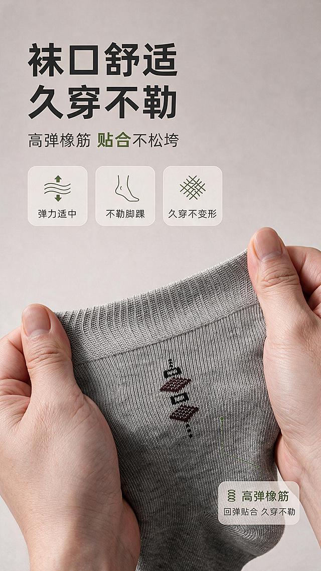 基于图1的灰色袜子袜口拉扯特写图，制作一张竖版商品营销海报。保留原图中双手拉扯袜口的核心动作与灰色袜子的材质纹理、菱形图案细节，将产品主体置于画面中下部，占比约60%。

画面上半部分为文案区，排版精美，层级分明：
- 主标题（大号粗体深灰色字）："袜口舒适 久穿不勒"
- 副标题（中号字，"贴合"二字用橄榄绿色突出）："高弹橡筋 贴合不松垮"
- 三个圆角矩形卖点图标卡片横向排列，每个卡片含简约线条图标+文字：
  1) 波浪弹力图标 + "弹力适中"
  2) 脚踝轮廓图标 + "不勒脚踝"
  3) 编织纹理图标 + "久穿不变形"
- 右下角袜口位置添加绿色虚线指引箭头，指向一个圆角信息框，内文："高弹橡筋"（标题）+ "回弹贴合 久穿不勒"（小字说明）

背景为浅米色到浅灰色的柔和渐变，干净高级，突出产品质感。整体风格为写实商业摄影风，侧前方柔光，柔和阴影，材质纹理清晰可见，针织质感细腻。版式精美，四周留足安全边距，文字不遮挡产品主体。

画面中所有信息区域、卖点卡片、功能说明框必须填充完整合理的内容，不得出现空白框、空白占位、空列表项。

画面中所有数字必须精确渲染，不得出现错位、遗漏或编造的数字。