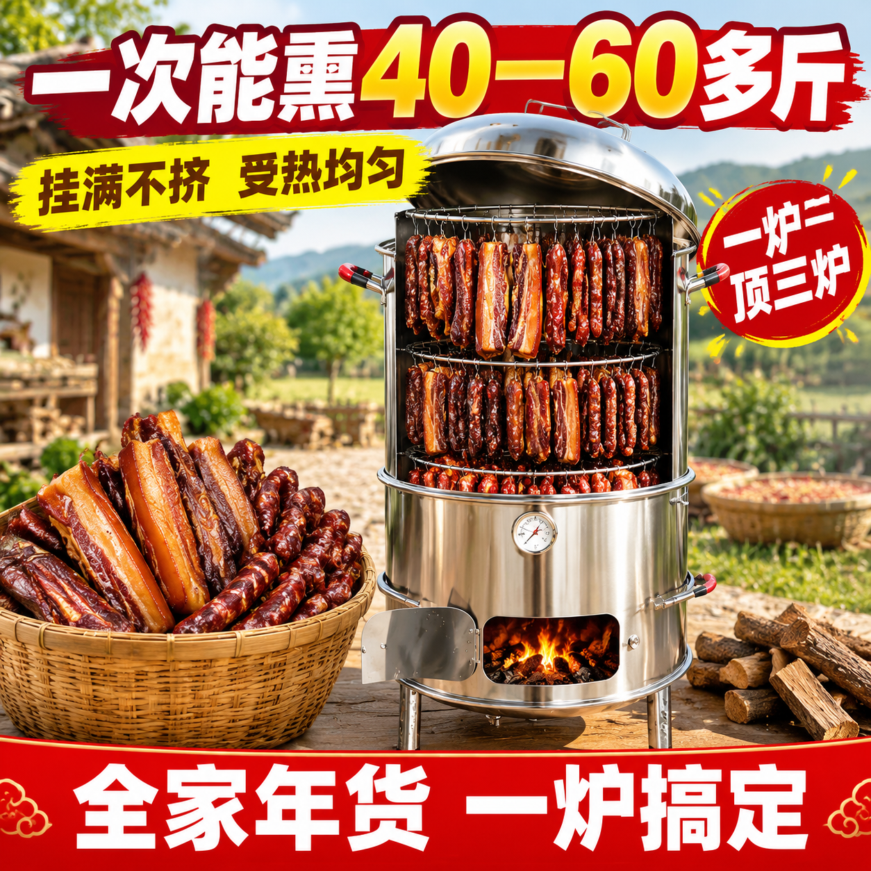 [主图-2] 核心容量效果图：证明一次能熏40—60多斤，突出… - 图片创意预览