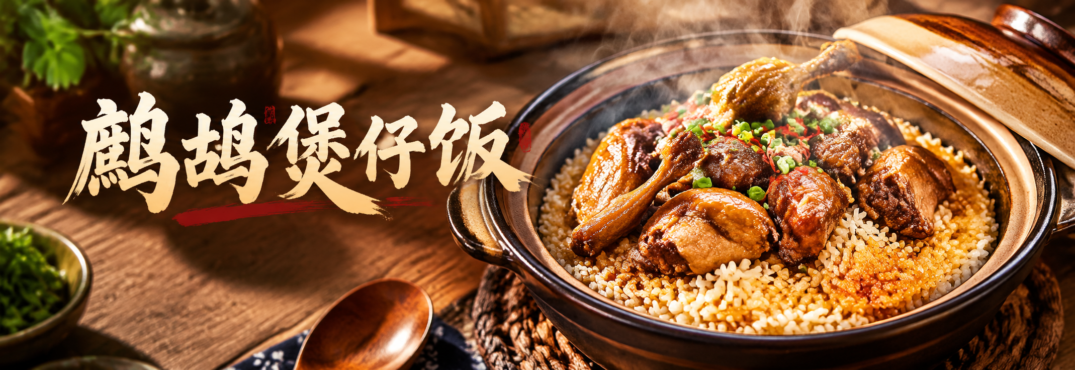 餐饮海报设计，横版长幅构图，主体是一碗刚出炉的鹧鸪煲仔饭美食写… - 图片创意预览