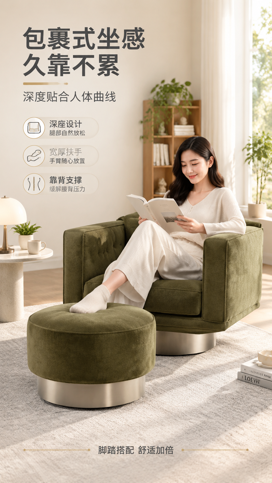 [商品] 使用【图1】橄榄绿绒布单人旋转沙发椅+脚踏；保留产品… - 图片创意预览