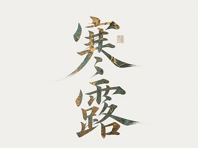 手写文字“寒露 “/ 篆刻印章风格 / 青铜器铭文质感，竖向排版