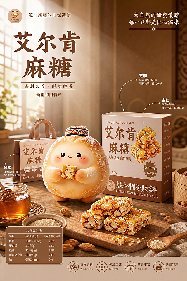 暖调中式复古美食海报，窗边柔和自然光，丁达尔光影，浅棕木质桌面，商业产品摄影，8K超清写实。主体是参考图中的头戴民族小花帽圆滚滚毛绒IP形象抱着坚果麻糖，摆放着用户提供包装样式的纸盒装艾尔肯坚果麻糖，散落切块麻糖、杏仁、白芝麻、蜂蜜、木勺、竹蒸笼。左上角品牌大字标题"艾尔肯麻糖"加副标题，右上角slogan，配料引线标注，左下角营养成分框，大地暖棕米白配色，干净高级，细节细腻，A4竖版，使用用户提供的包装和IP形象设计