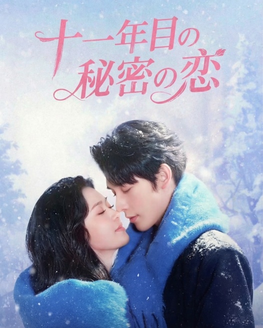 擦除原海报所有原文字和信息，保留原画面中情侣相拥的雪景人物图像，重新添加日文字体“十一年目の秘密の恋”，保持文字风格为和原画面一致的粉色花体字，灵动的曲线，文字位置和风格颜色与原海报保持一致，有质感，预览效果