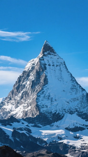 一张超高清的雪山摄影照片，画面中央是一座雄伟的金字塔形雪山主峰，峰顶覆盖着纯净的白雪，山体岩石纹理清晰可见，呈现出深浅不一的蓝灰色调。雪山在明亮的阳光照射下，形成了强烈的光影对比，向阳面雪色耀眼，背阴面阴影深邃。天空是清澈的湛蓝色，点缀着几缕薄薄的白色云彩，整体氛围壮丽、圣洁而宁静。采用写实主义摄影风格，细节丰富，色彩真实自然，构图上雪山主峰位于画面中心偏上位置，占据大部分视觉空间，展现出雪山……预览效果