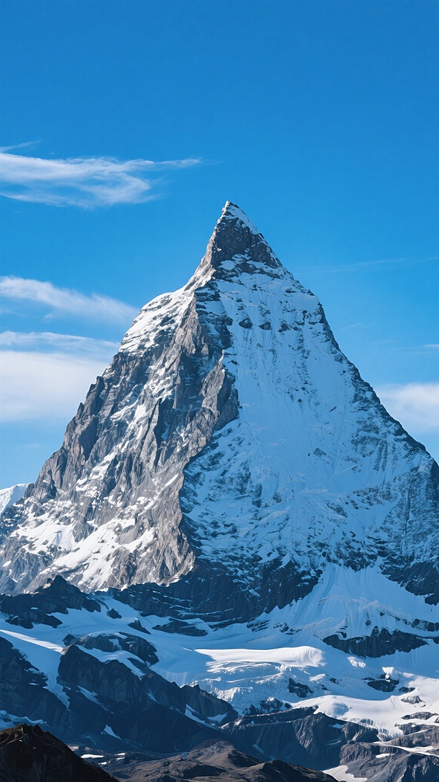 一张超高清的雪山摄影照片，画面中央是一座雄伟的金字塔形雪山主峰，峰顶覆盖着纯净的白雪，山体岩石纹理清晰可见，呈现出深浅不一的蓝灰色调。雪山在明亮的阳光照射下，形成了强烈的光影对比，向阳面雪色耀眼，背阴面阴影深邃。天空是清澈的湛蓝色，点缀着几缕薄薄的白色云彩，整体氛围壮丽、圣洁而宁静。采用写实主义摄影风格，细节丰富，色彩真实自然，构图上雪山主峰位于画面中心偏上位置，占据大部分视觉空间，展现出雪山的巍峨与威严。