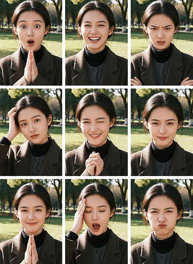 保持人物主体不变，创作一组写实风格表情包，包含表情不同、姿势不同的九宫格表情包，表情变化较大，姿势夸张