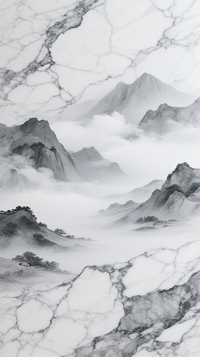 高清大理石纹理背景，灰白色调为主，带有深浅不一的灰色纹理和自然裂纹，纹理走向自然流畅，巧妙融合山水风光意象，仿佛山峦起伏、云雾缭绕，整体呈现出简约、高雅、自然的氛围，具有细腻的质感和层次感，适合作为现代简约风格的装饰背景。