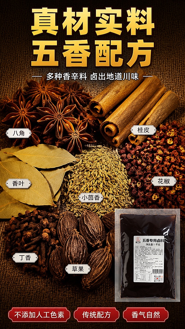 [第3屏] 原料成分展示-五香配方香辛料原料微距。本屏为成分专屏，不使用产品图作为主体，产品仅作辅助小图。
[氛围/风格] 食材微距摄影风，真实自然，原料质感强烈，家常烟火气。
[元素布局] 画面主体为多种香辛料平铺俯拍，占画面约60%：八角、桂皮、香叶、花椒、小茴香、丁香、草果等整齐排列，颗粒清晰可见；每样原料旁加小标签标注名称；右下角放置【图1】袋装卤料小图作为产品露出，占比约15%；背景为深棕色粗麻布纹理台面。
[光影质感] 顶部柔光侧射，香料颗粒有立体感和阴影，纹理清晰，整体暖色调突出食材质感。
[配色色系] 全局底色 #5C3317 深棕色；主色香料自然色+金黄色标签；辅助色深红、米白。
[视角构图] 俯视平铺构图，原料为视觉主体，阅读动线从中心原料向四周扩散，右下角产品呼应。
[文字版式] 顶部大标题「真材实料 五香配方」，金黄色粗黑体，带深色描边；副标题「多种香辛料 卤出地道川味」，白色小字；每种香料旁加白色小标签标注名称；底部横排信息条：「不添加人工色素」「传统配方」「香气自然」，红底白字胶囊样式。
[比例分辨率] 9:16 竖版比例，4K分辨率，文字清晰可辨，高清画质。
[负向提示词] 原料虚假，水印，文字错乱，极限词，违禁词，医疗功效宣传，二维码。