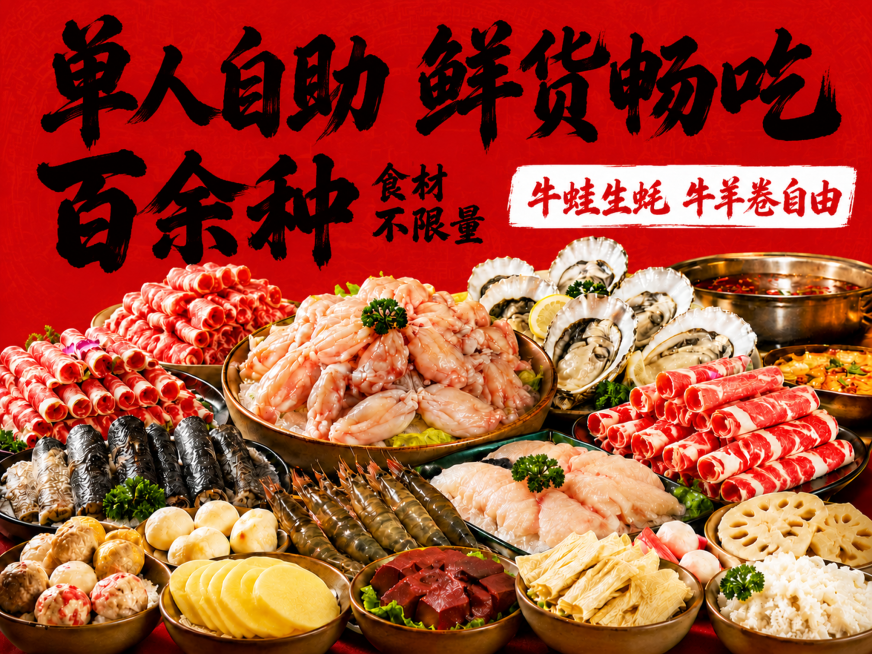 保持现有食材、文案内容和排版完全不变，更换为适合火锅海报的厚重书法字体，在纯红色背景添加 subtle 中式暗纹增加质感。
字体更换：所有标题大字更换为厚重毛笔书法字体，笔触有力有国风质感，大字「单人预览效果