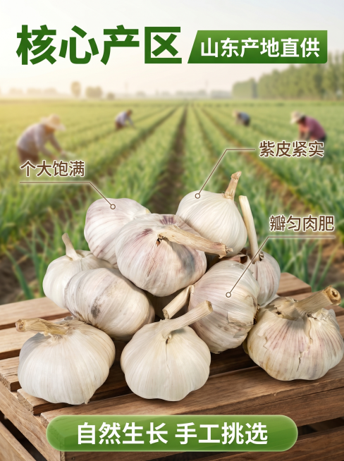 [主图 2] 产地溯源主图，展示山东紫皮大蒜品质优势；氛围风格田间自然、新鲜真实；画质商业摄影质感、光线柔和通透、产品清晰真实、画面干净高级；元素主体紫皮大蒜整颗摆放在前方，背景融入山东大蒜种植基地实预览效果