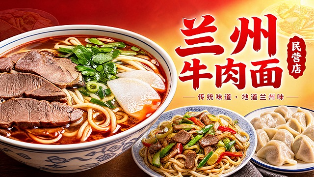 外卖店铺招牌设计，横版长方形，写实有食欲的美食风格。左侧是一碗丰盛的兰州牛肉面特写，牛肉片厚实、汤色红亮、面条劲道，右侧是店铺名称大字"兰州牛肉面（民营店）"，字体为红色粗体醒目。背景为暖红色到金黄色渐变，画面中还隐约可见炒面、水饺等菜品元素作为点缀，整体色调温暖诱人，突出面食的美味质感，商业美食摄影风格，高清写实