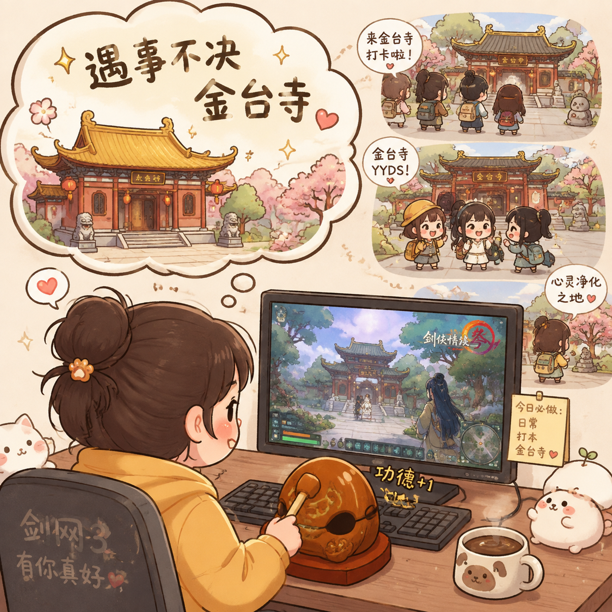 可爱简笔画风格，画面展现金台寺成为玩家精神寄托的场景，前景是一… - 图片创意预览