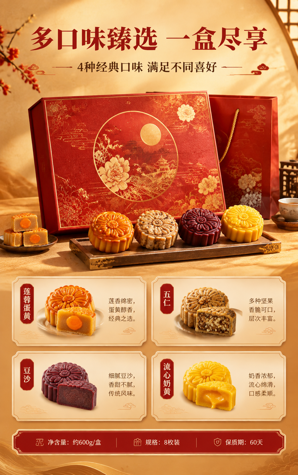[商品] 中秋月饼礼盒及多口味月饼，朱红烫金礼盒，各口味月饼有… - 图片创意预览