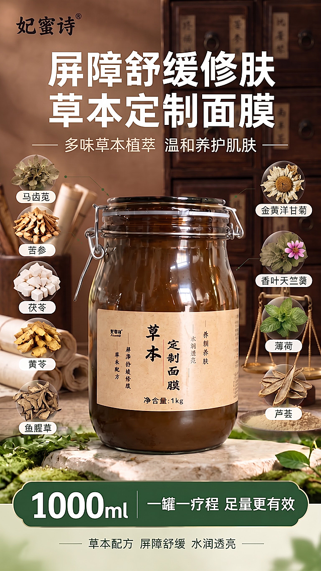 所有草本改成晒干的中药的颜色，所有字体全部改白色，背景中药风，不要太花，颜色少。