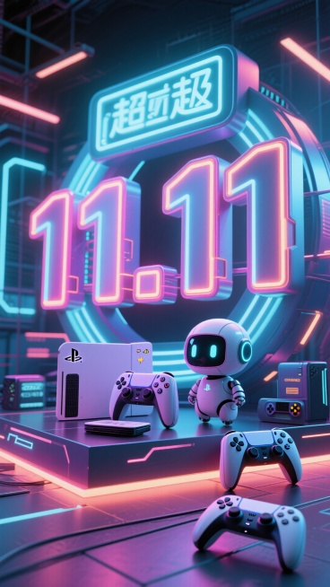 带有霓虹灯光的游戏风立体字“11.11”置于展台上 。周围环绕ps4游戏机和游戏手柄，一个可爱的机器人，科技风背景预览效果