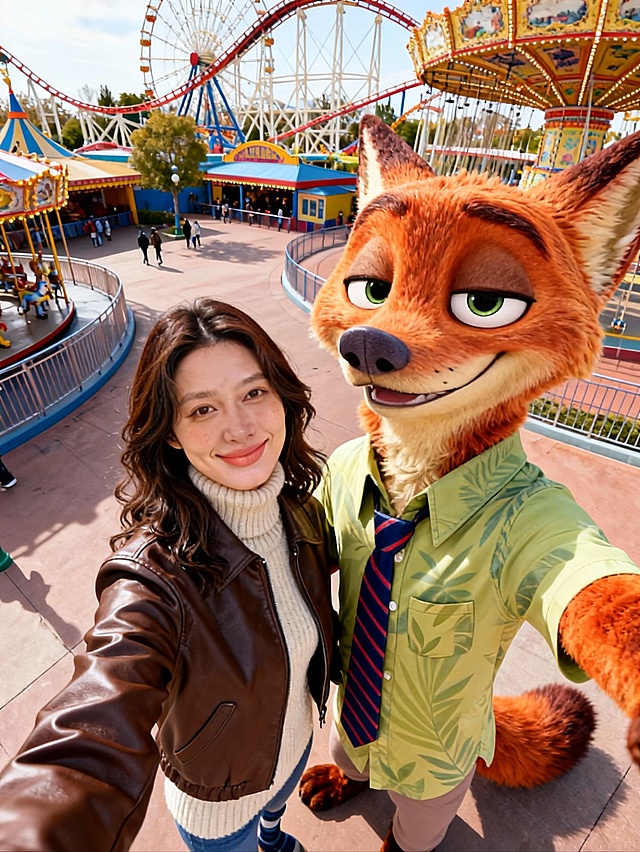 卡通感与3D风融合，拟人狐狸角色生动有趣，毛发生长细节逼真，光影自然清新，虚拟现实场景营造趣味互动氛围，游乐园背景增添节日欢乐感。