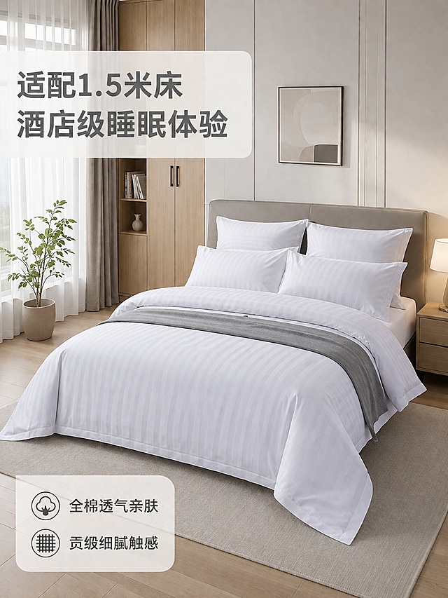 [第2屏] 场景种草图，展示全棉四件套在卧室的完整铺设效果。本屏使用【图1】作为商品主体。
[氛围/风格] 温馨居家氛围感，简约现代卧室风格，自然光线质感，通透干净。
[元素布局] 床品完整展示在1.5米双人床之上，背景搭配浅原木色衣柜和浅灰色窗帘，窗边增加一盆小型绿植作为点缀；床品比例贴合1.5米床尺寸，整体空间开阔舒适，床品条纹、颜色与原图一致。
[光影质感] 左侧窗户透进自然柔光，右侧柔和补光，整体光影柔和不刺眼，突出床品柔软蓬松质感。
[配色色系] 全局底色 #FAFAFA；主色白色床品+浅木色家具；辅助色绿色植物点缀，深灰色文字。
[视角构图] 略微俯视全景视角，展现完整卧室空间，动线从上到下浏览自然。
[文字版式] 左上标题「适配1.5米床 酒店级睡眠体验」，左下分两点标注「全棉透气亲肤 贡缎细腻触感」，文字色块浅灰底衬托，不遮挡床品主体。
[比例分辨率] 3:4竖版比例，4K分辨率，文字清晰可辨，高清画质。
[负向提示词] 床品扭曲变形，空间比例失调，文字错乱，颜色偏色，水印，背景杂乱