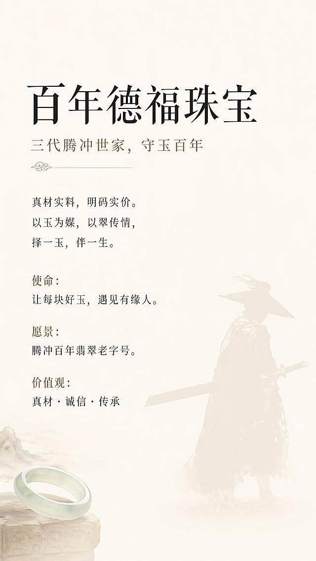 品牌宣传海报，比例9:16，主色调浅香槟色，参考原图的简约国风排版，右下角保留浅隐的侠客剪影，整体为简约高级国风风格。保留文字内容：主标题"百年德福珠宝"，副标题"三代腾冲世家，守玉百年"，正文"真材实料，明码实价。以玉为媒，以翠传情，择一玉，伴一生。使命：让每块好玉，遇见有缘人。愿景：腾冲百年翡翠老字号。价值观：真材・诚信・传承"。所有文字清晰可读，排版层级分明，整体留白透气，精致高级，浅香槟纯色背景，加入淡淡的玉文化氛围感，版式精美。