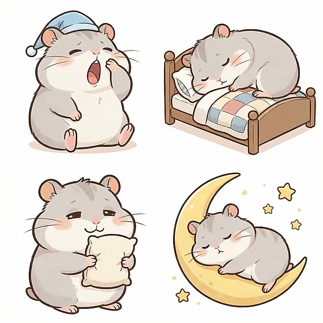 参考上传的仓鼠形象，绘制晚安状态的卡通仓鼠表情包，无任何文字标签，保持原可爱画风，白色背景