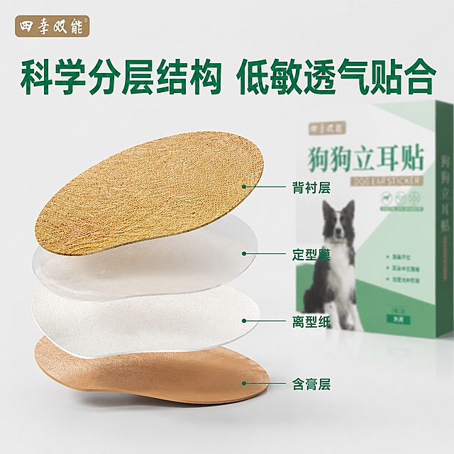 [主图-3] 狗狗立耳贴结构细节展示图。[氛围风格] 专业结构解析风；[画质] 商业摄影质感、光线柔和通透、产品清晰真实、画面干净高级；[元素] 中心水平展示狗狗立耳贴分层爆炸解析图，从上到下依次拆解出：背衬层、定型膜、离型纸、含膏层，每个分层用细引线标注名称；背景保留产品包装盒浅景深虚化，左上角保留品牌Logo；保持立耳贴原材质颜色和产品包装盒与原图完全一致，不改变外观和色彩。分层间距均匀，引线细清晰。商品主体占比70%左右。[光影] 侧光突出分层轮廓，每个分层有轻微阴影，立体感强，背景柔和虚化。[配色] 浅灰白色背景，深绿色引线和文字，整体干净专业。[视角构图] 平视45度，分层居中展示，结构清晰。[文字版式] 顶部大标题“科学分层结构 低敏透气贴合”深绿色粗体，每个分层引线旁标注对应名称，字体清晰不遮挡分层；文字大小对比明显，专业感强。[输出要求] 1:1 比例，文字清晰可辨，超高清商业摄影质感；[负向提示词] 变形，文字错乱，产品图模糊，背景杂乱，水印，电商平台Logo，过度夸张