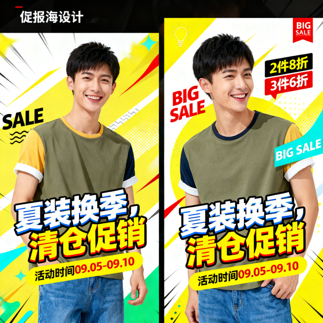 电商促销海报，左右排版，画面是中近景的一位青春活力，有着利落短发和阳光笑容的真人男模特，男模特身穿半袖，下身搭配蓝色牛仔裤。海报文字信息突出：主标题"夏装换季，清仓促销"字体加粗颜色鲜艳，副标题"2件预览效果