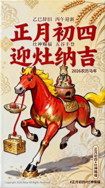 主体为灵动国潮风卡通骏马（扬蹄奔腾状，前蹄踩着一只描金食盒，嘴里叼着红绳，红绳挂着一碟麦芽糖，背上驮着陶土灶王爷像，马身以红金渐变为主色调，鬃毛点缀亮黄色），背景是浅米黄色底纹叠加淡金色五谷暗纹，画面预览效果