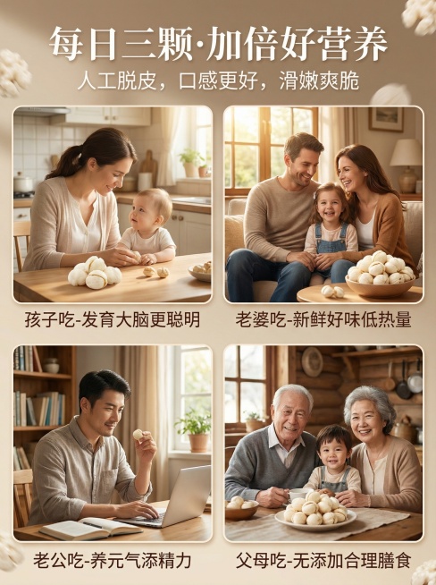 模仿参考图片结构生成类似的核桃仁宣传海报，标题文案是“每日三颗·加倍好营养”，副标题文案是“人工脱皮，口感更好，滑嫩爽脆”，四个分区文案和参考图一致，使用真实温馨生活化背景，和原图背景不同，核桃仁保持预览效果