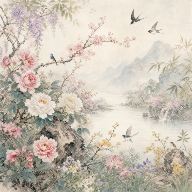 4月花鸟风景图，国画风格，各类花卉飞鸟，画面清新雅致，不包含任何文字，背景风格与1月近似统一预览效果