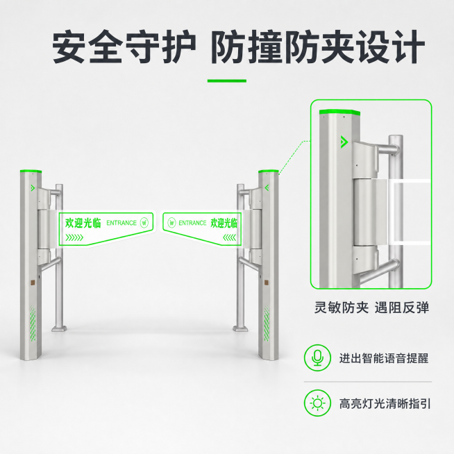 [主图-3] SZ-LMK301入口感应门安全性能展示主图，调整版式为左侧产品整体展示，右侧文字和局部细节排版，保持产品外观结构颜色与原图一致，风格简约专业，画质清晰，突出安全性能，元素产品主体展示在预览效果