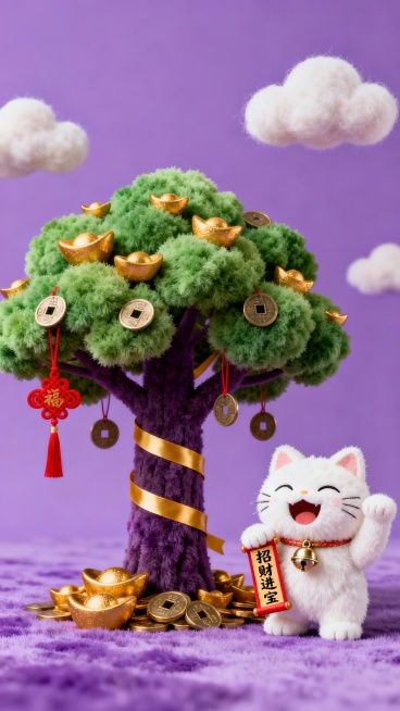 中间靠左边一颗招财树，绒毛质感，深紫色树干上有金色丝带缠绕，树上长满金元宝、铜钱，挂着红色如意节，茂密绿色绒毛质地树叶，树下堆着一堆金元宝和铜钱；右边一只白色招财猫，绒毛质感，脖子上挂着铃铛，双手手持预览效果