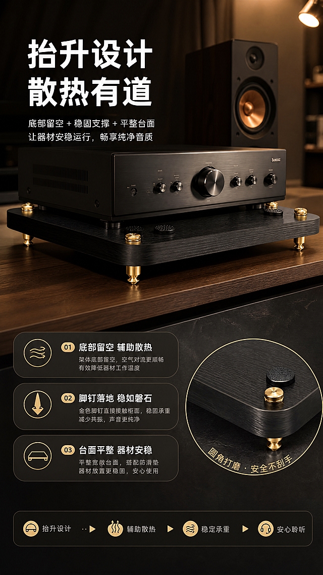 [商品] 使用【图3】【图2】器材架：器材架置于影音柜，功放已摆放在架面中心，架底可见抬升散热空间；保留深色木纹、金色脚钉、防滑垫与圆角，不改变颜色与结构。
[画面] 局部场景型加画中画：主画面近景展示架底抬升与脚钉落地细节，右下角圆形小图展示圆角边缘打磨；后景音箱与暖色射灯；产品约占画面70%，微距与中景结合，突出好放、好散热。
[视觉] 套系策略：风格=黑金轻奢Hi-Fi影音商业摄影；标题字=现代无衬线粗黑体；正文字=简洁无衬线黑体；主色=深胡桃暖黑；背景延展=暖黑胡桃木纹与深炭灰渐变、木纹加哑光石材层级；强调色=香槟金，仅用于小面积图标、细引线、标签、编号与局部光效；标题色=暖白；正文色=浅暖灰；组件=圆角深色信息卡、金色细线引线、编号胶囊、步骤条；光影=左侧暖柔光加顶部轮廓光，影音室氛围。
[文字] 主标题“抬升设计 散热有道”，信息点“底部留空 辅助散热”“脚钉落地 稳如磐石”“台面平整 器材安稳”，全部横向排版。
[规格] 图片比例9:16竖版，分辨率4K；避免变形、错字、文字过小、竖排或旋转文字、冷蓝或蓝灰背景、商品颜色改变、缺角钉或防滑垫、结构失真。